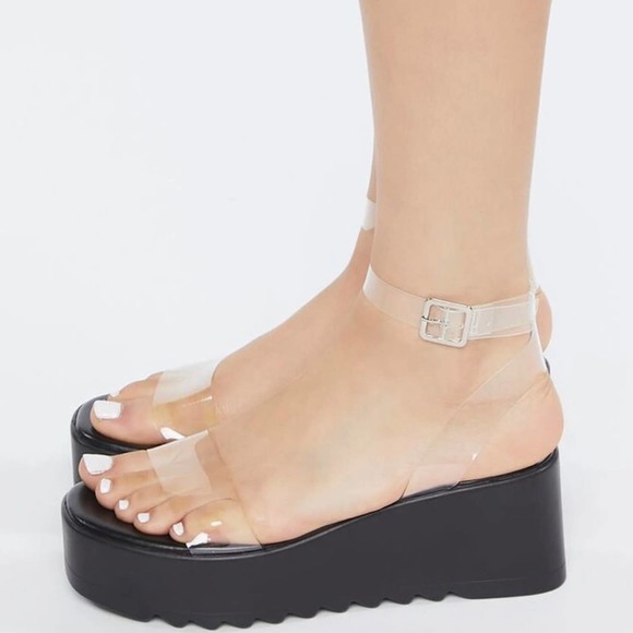 Forever 21 Shoes - Forever 21 Clear Ankle Strap Platform Wedge Size 7.5